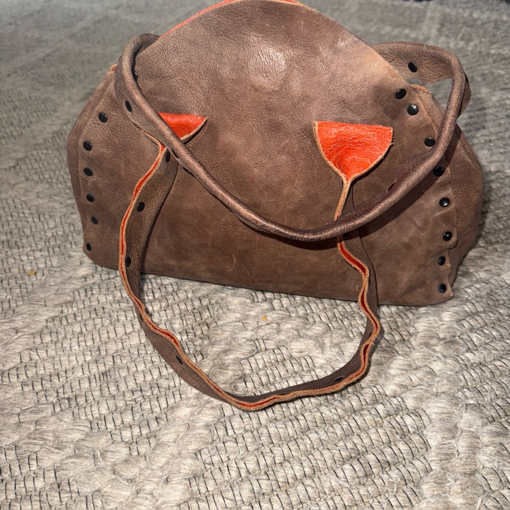 Brown and Orange Leather Handbag by Cydwoq